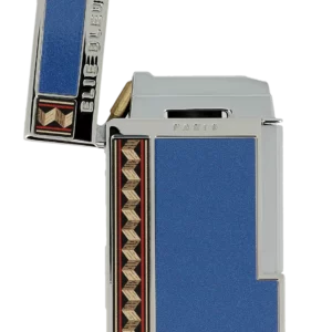 Briquet Elie Bleu Diamond Jetflame et Marqueterie Alba Bleu, ouvert - Accessoire rare et performant.