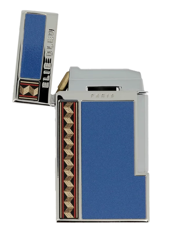 Briquet Elie Bleu Diamond Jetflame et Marqueterie Alba Bleu, ouvert - Accessoire rare et performant.