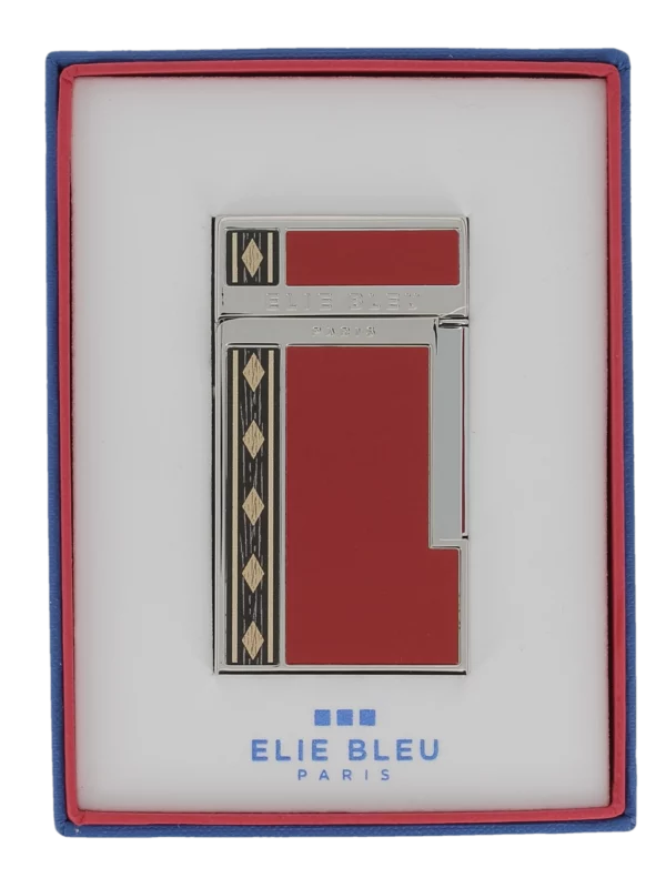 Briquet Elie Bleu Diamond Jetflame et Marqueterie Alba Rouge en boîte - Accessoire de luxe pour cigares.