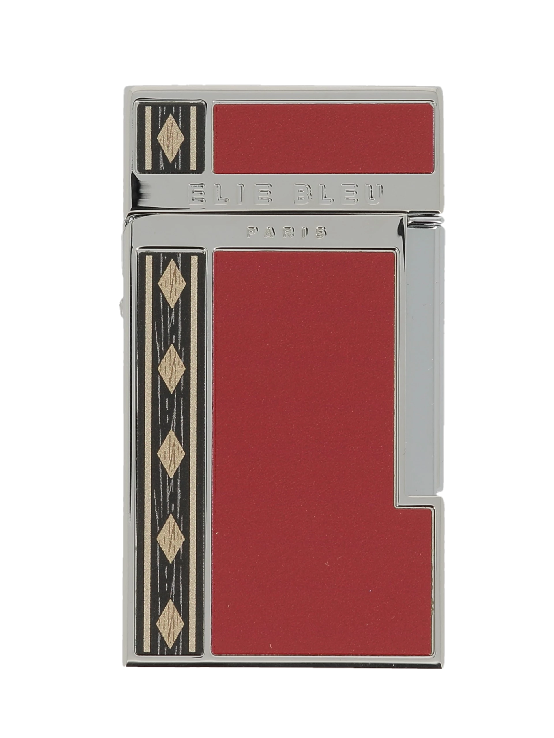 Briquet Elie Bleu Diamond Jetflame Marqueterie Alba Rouge, vue de face - Accessoire rare pour cigares.