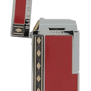 Briquet Elie Bleu Diamond Jetflame Marqueterie Alba Rouge, ouvert - Flamme puissante pour connaisseurs.