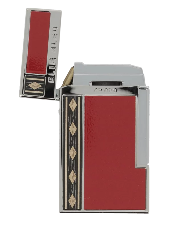 Briquet Elie Bleu Diamond Jetflame Marqueterie Alba Rouge, ouvert - Flamme puissante pour connaisseurs.