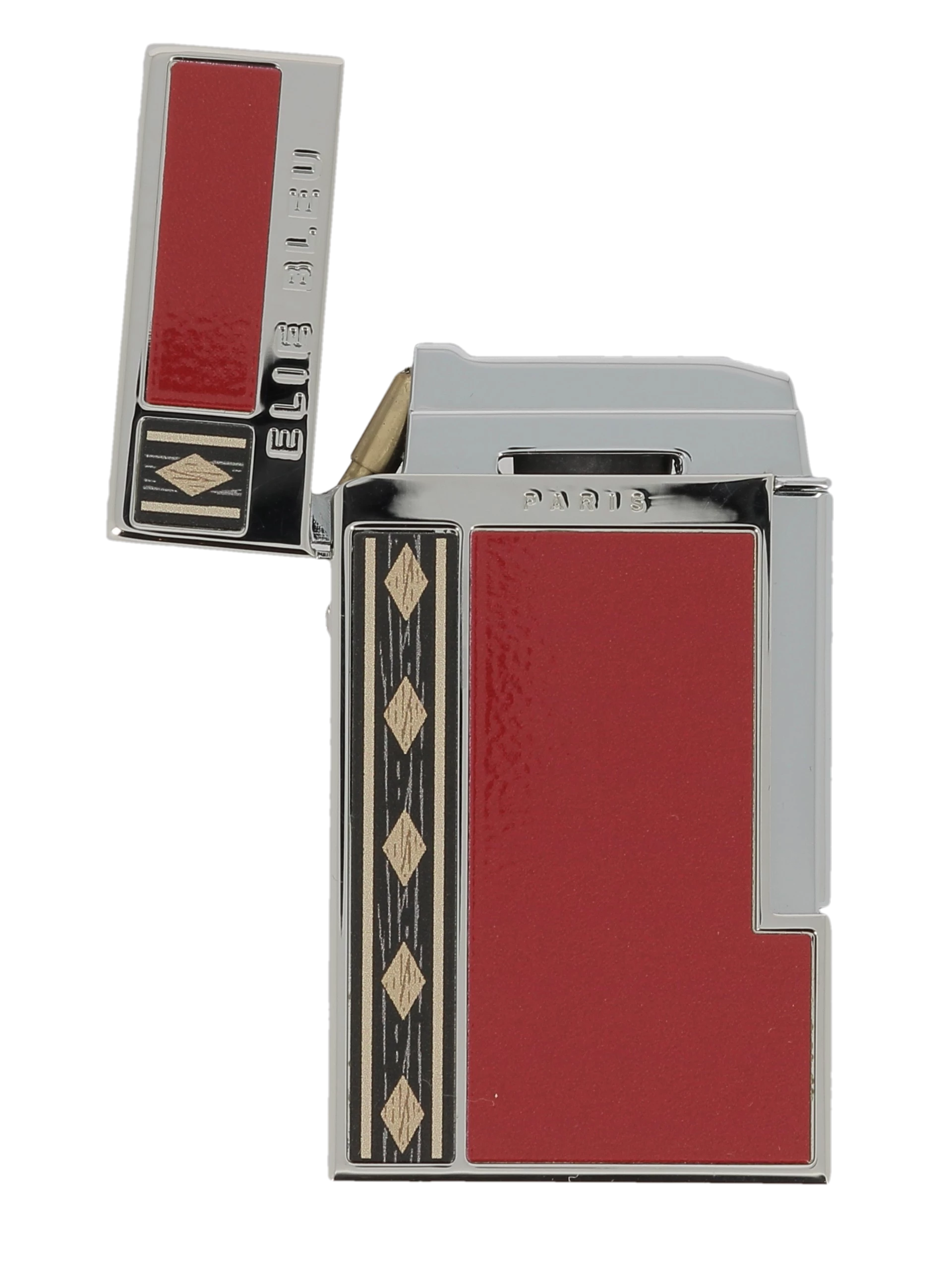 Briquet Elie Bleu Diamond Jetflame Marqueterie Alba Rouge, ouvert - Flamme puissante pour connaisseurs.