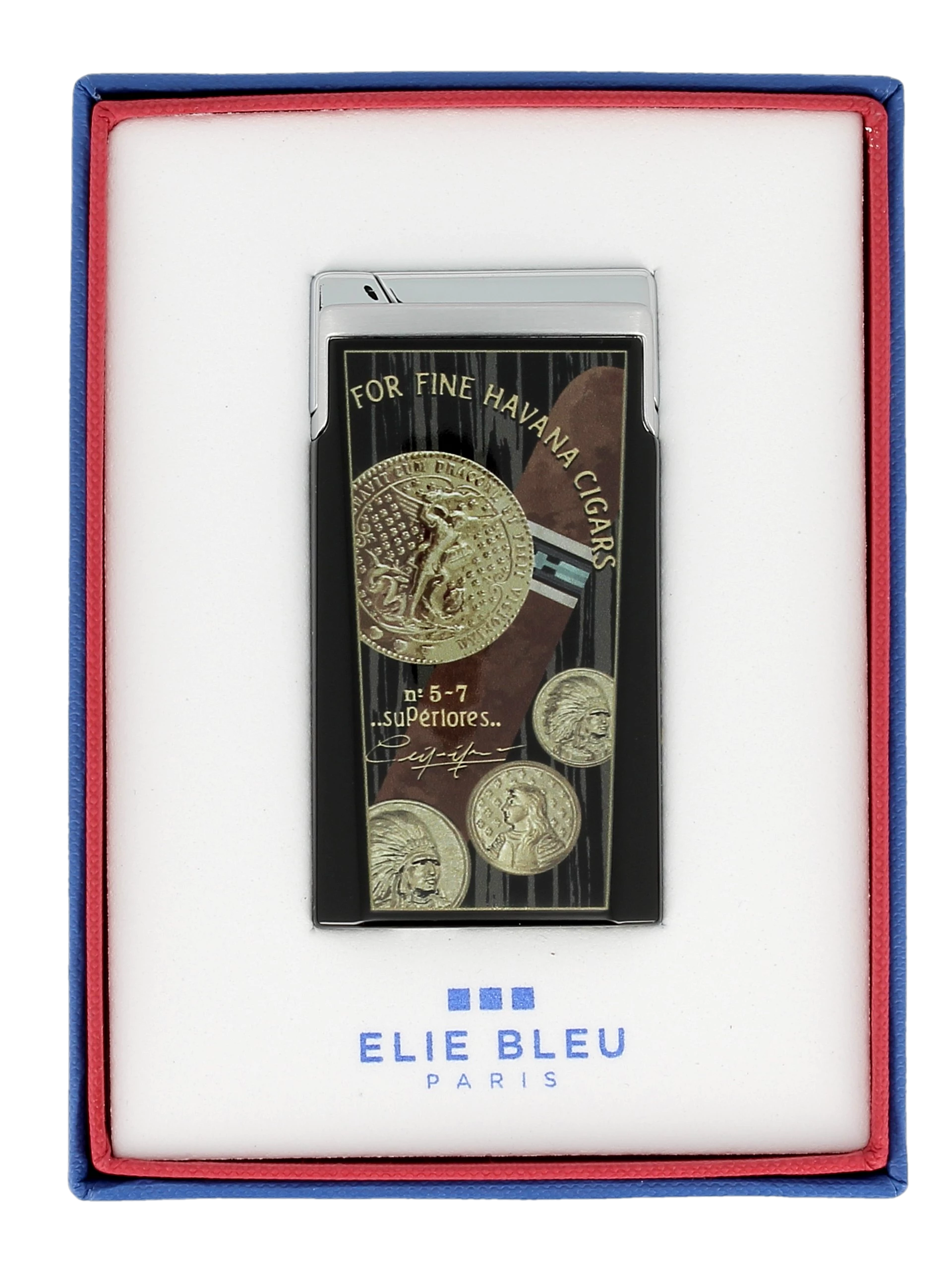 Briquet Elie Bleu J15 Laqué Médaille Noir en boîte - Accessoire premium pour connaisseurs.