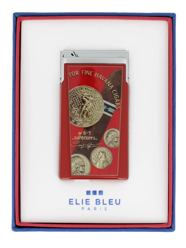 Briquet Elie Bleu J15 Laqué Médaille Rouge en boîte - Accessoire exclusif pour cigares.