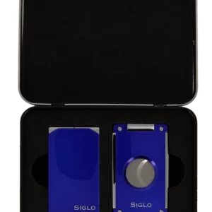 Coffret Siglo Briquet Twin et Coupe-Cigares Bleu en boîte - Accessoire de luxe pour cigares.