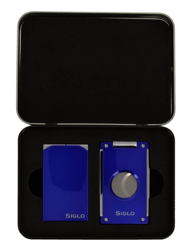 Coffret Siglo Briquet Twin et Coupe-Cigares Bleu en boîte - Accessoire de luxe pour cigares.