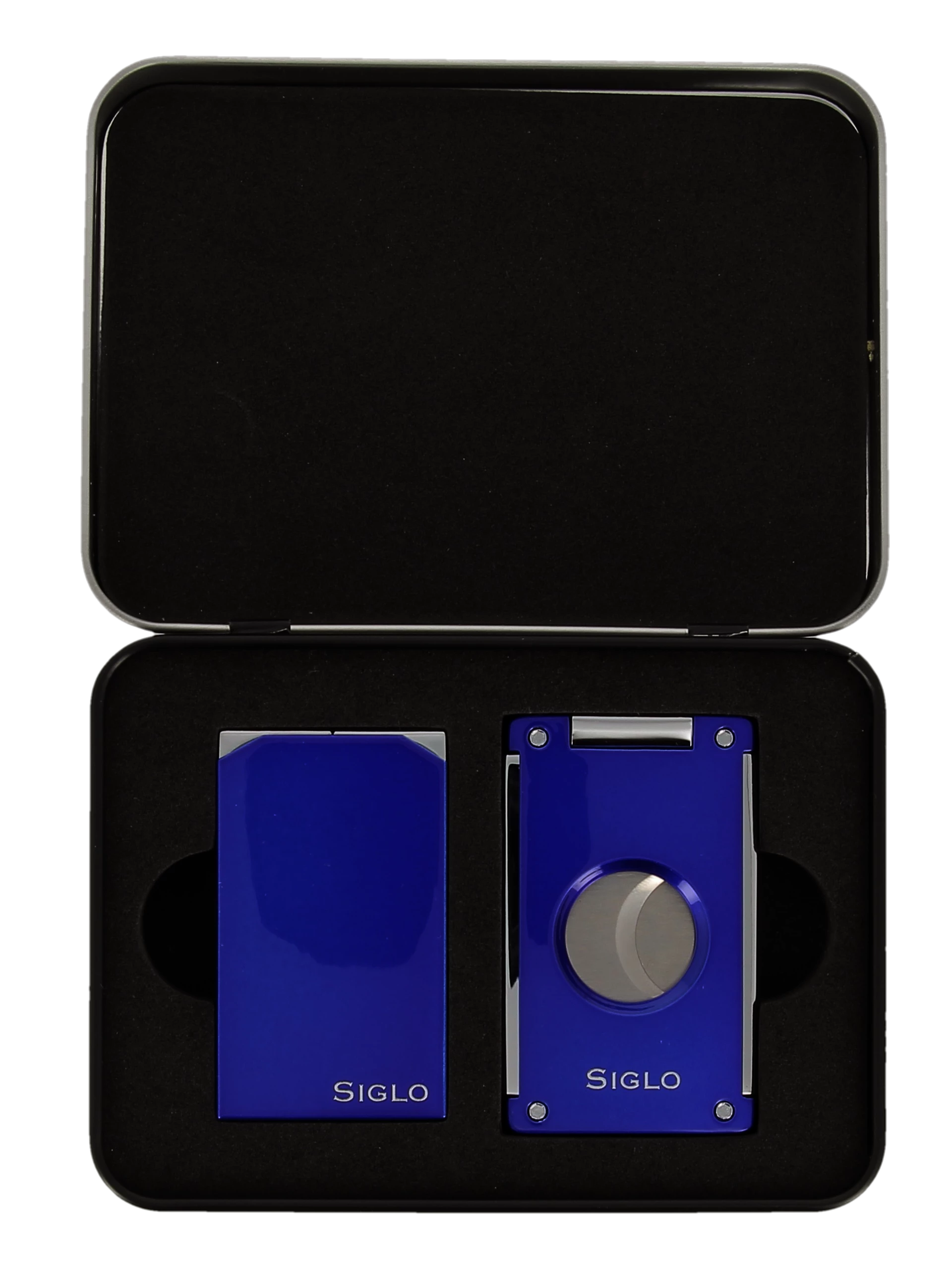 Coffret Siglo Briquet Twin et Coupe-Cigares Bleu en boîte - Accessoire de luxe pour cigares.