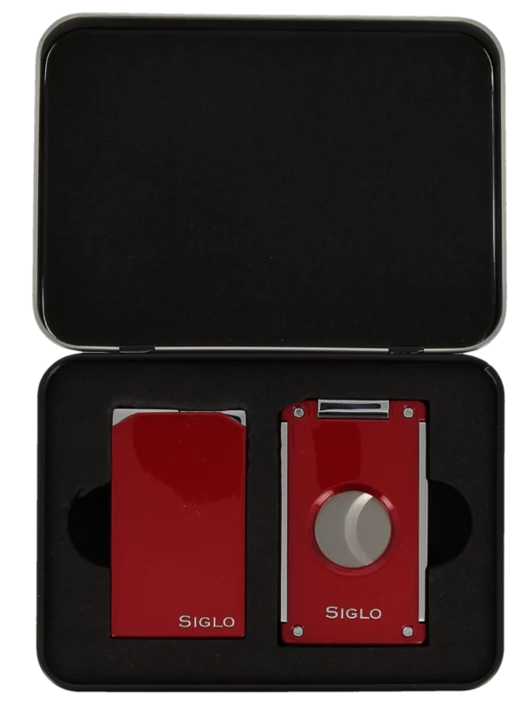 Coffret Siglo Briquet Twin et Coupe-Cigares Rouge, boîte fermée - Accessoire de luxe pour cigares.