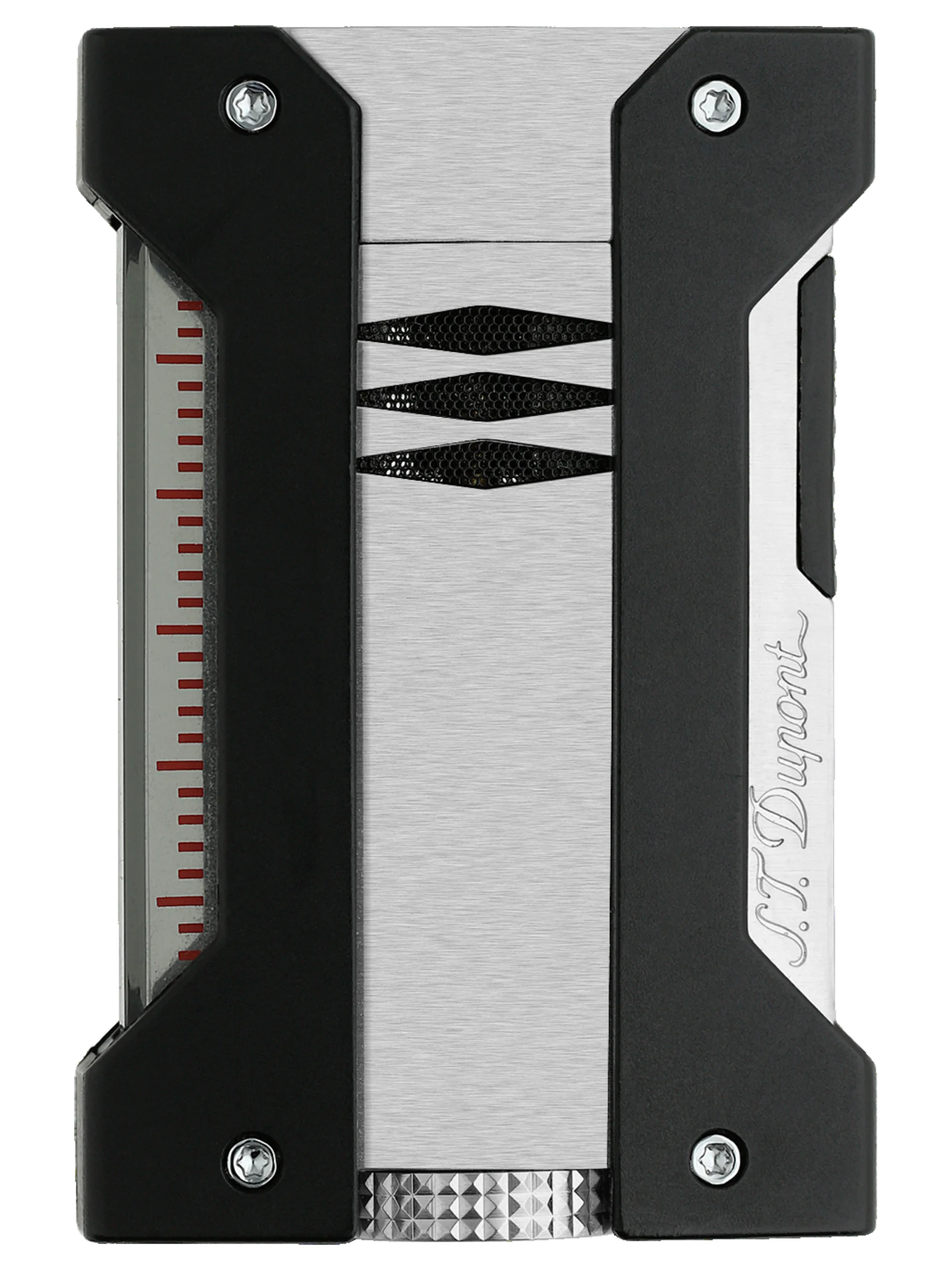 Vue de face du briquet S.T. Dupont Défi Extrême, finition brossé argenté, alliant performance et style.