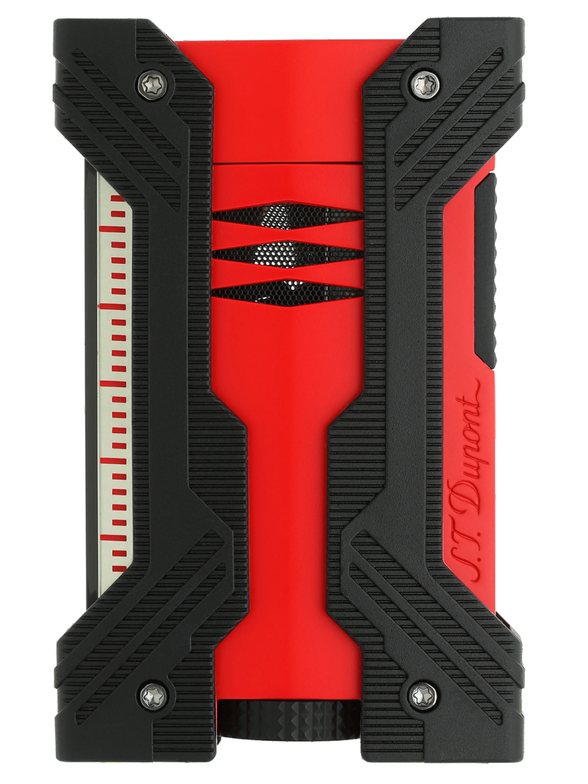 Vue de face du briquet S.T. Dupont Défi XXtrême, finition rouge mat, idéal pour les amateurs de cigares en quête de fiabilité et de style.