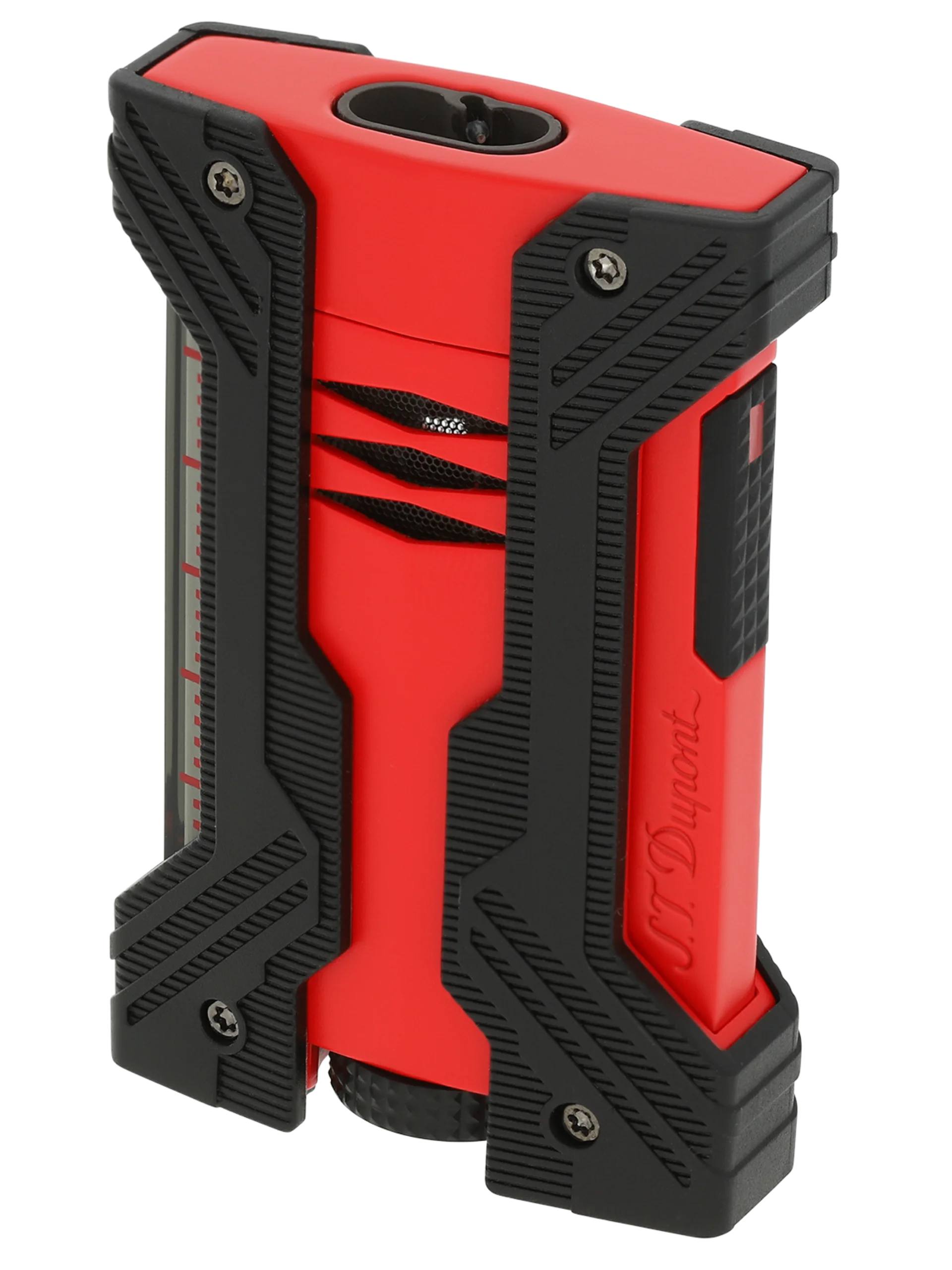Vue trois quarts du briquet S.T. Dupont Défi XXtrême, finition rouge mat, un modèle robuste et stylé.