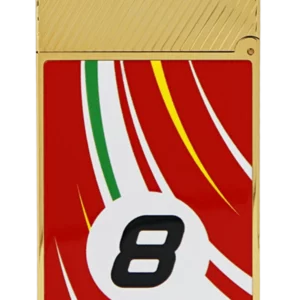 Vue arrière du briquet S.T. Dupont Ligne 2, édition 24 Heures du Mans, finition dorée avec laque rouge, blanche, verte et jaune.