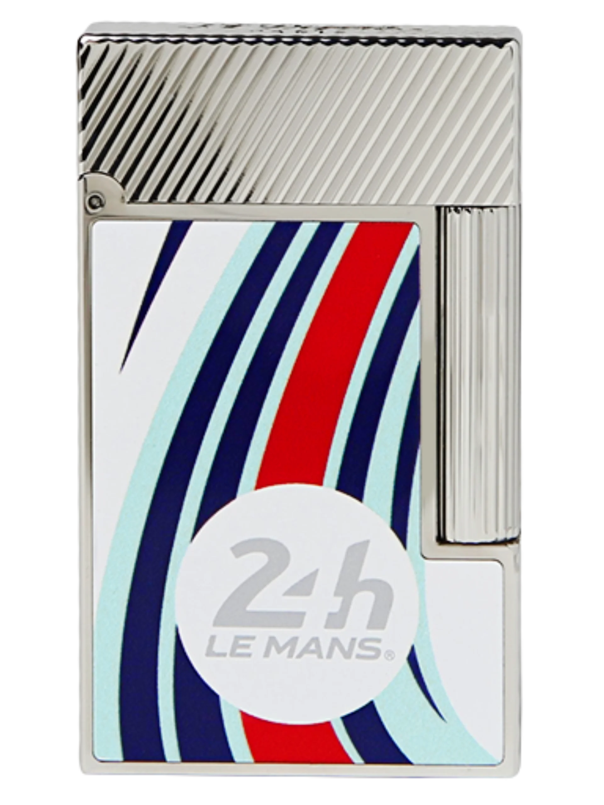 Vue de face du briquet S.T. Dupont Ligne 2, édition 24 Heures du Mans, finition palladium avec laque blanche, bleue et rouge.