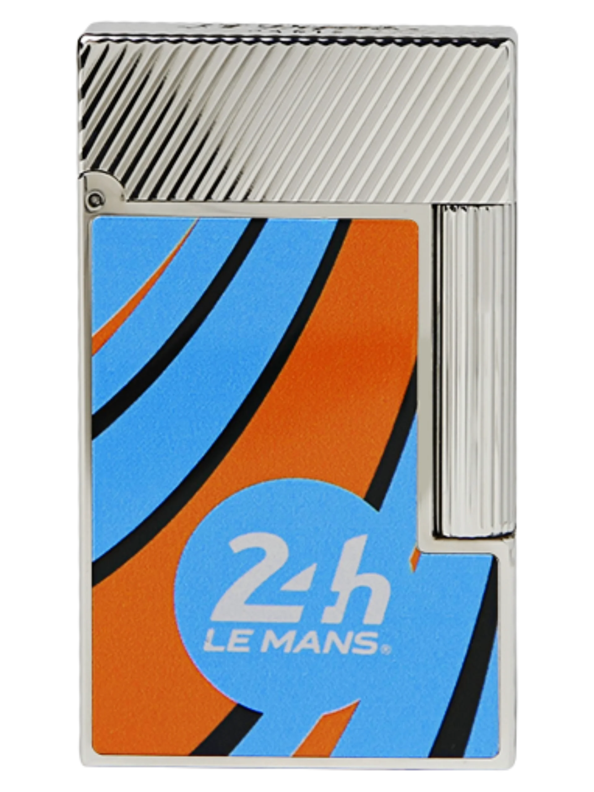 Vue de face du briquet S.T. Dupont Ligne 2, édition 24 Heures du Mans, finition palladium avec laque bleue, orange et blanche.