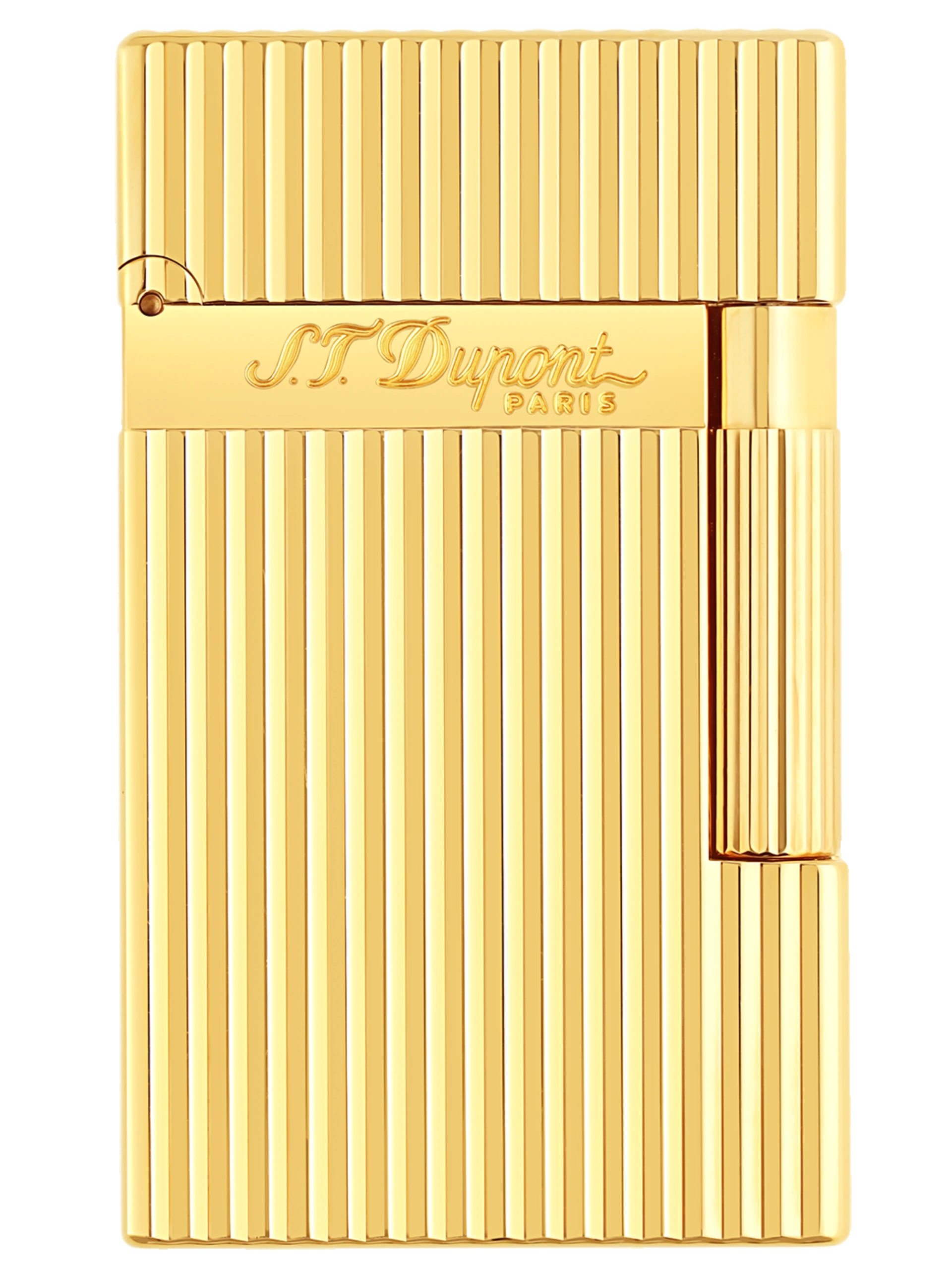 Vue de face du briquet S.T. Dupont Ligne 2, finition guilloché doré, une pièce élégante et prestigieuse.