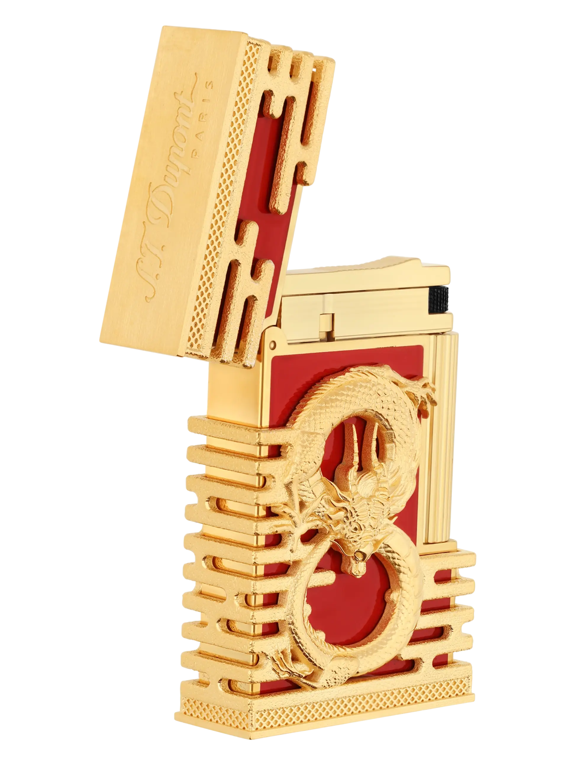 Vue ouverte du briquet S.T. Dupont Ligne 2, édition Haute Création Dragon, une pièce unique et luxueuse.