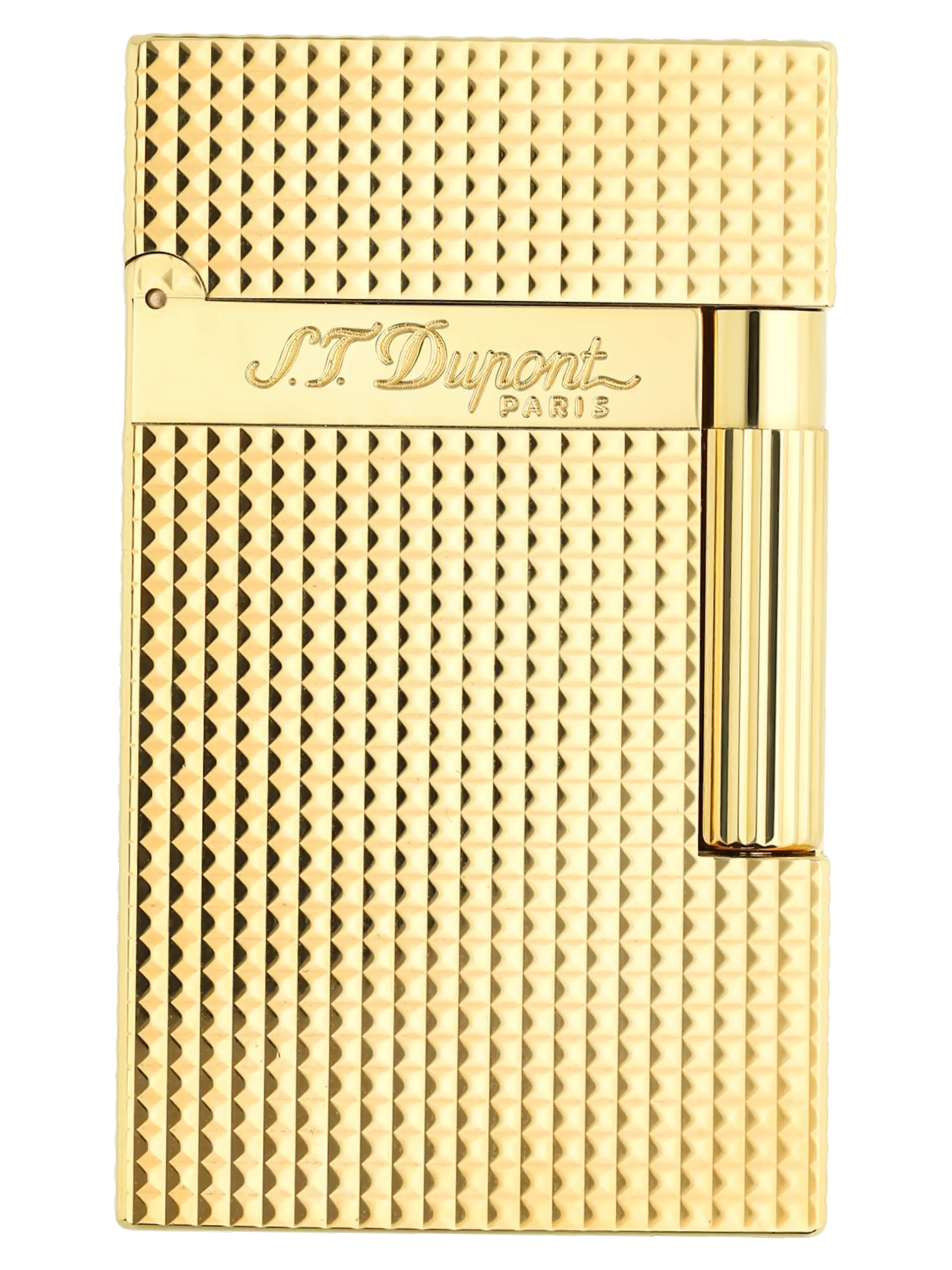 Vue de face du briquet S.T. Dupont Ligne 2, finition pointe de diamant doré, une pièce prestigieuse et élégante.