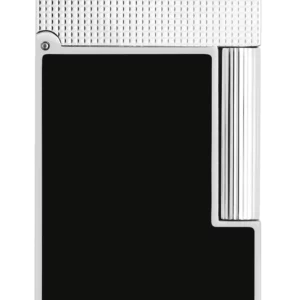 Vue de face du briquet S.T. Dupont Ligne 2, finition pointe de microdiamant platine et noir mat, un modèle haut de gamme.