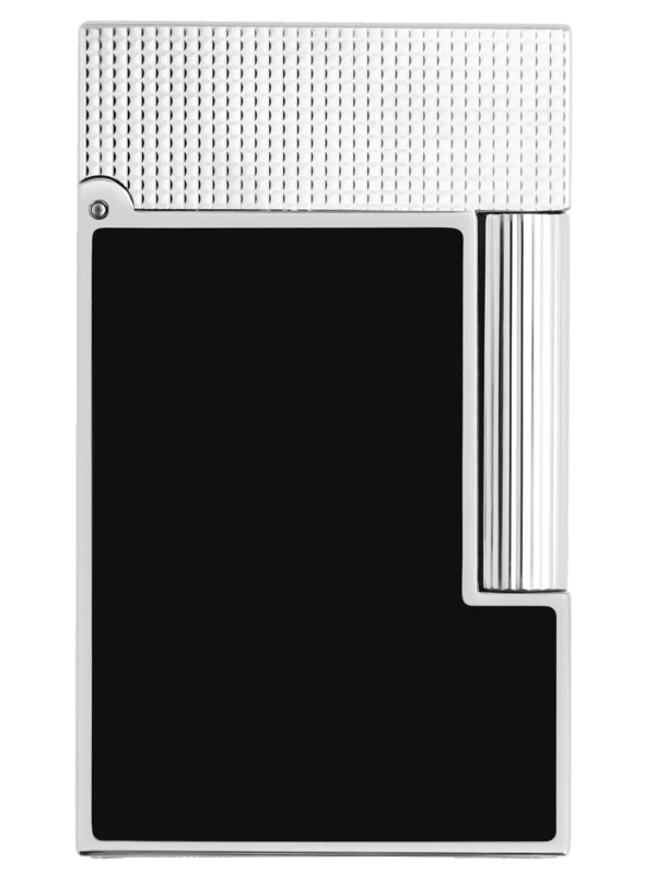 Vue de face du briquet S.T. Dupont Ligne 2, finition pointe de microdiamant platine et noir mat, un modèle haut de gamme.