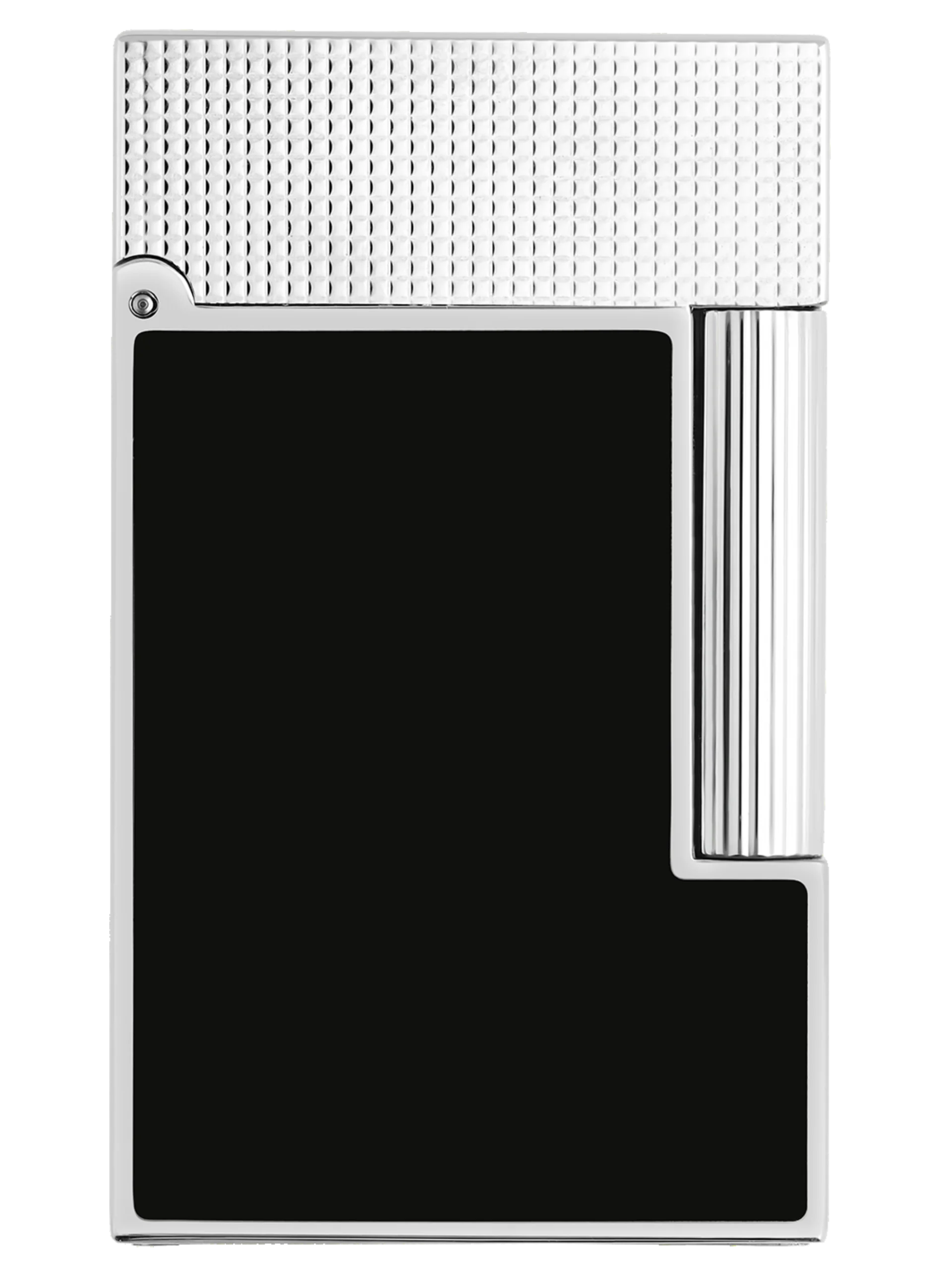 Vue de face du briquet S.T. Dupont Ligne 2, finition pointe de microdiamant platine et noir mat, un modèle haut de gamme.