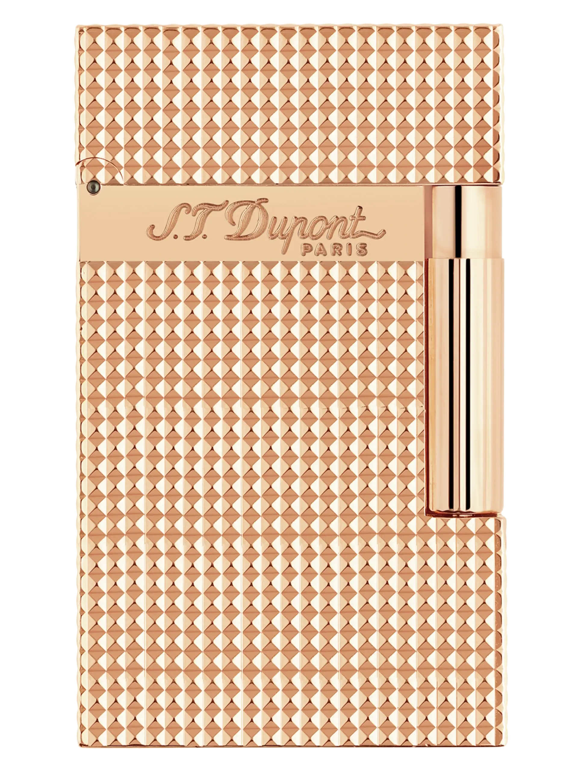 Vue de face du briquet S.T. Dupont Ligne 2, finition pointe de microdiamant rose, un modèle élégant et exclusif.