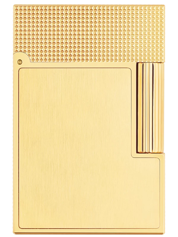 Vue de face du briquet S.T. Dupont Ligne 2 Small, finition métal doré brossé or jaune, un modèle de luxe compact.