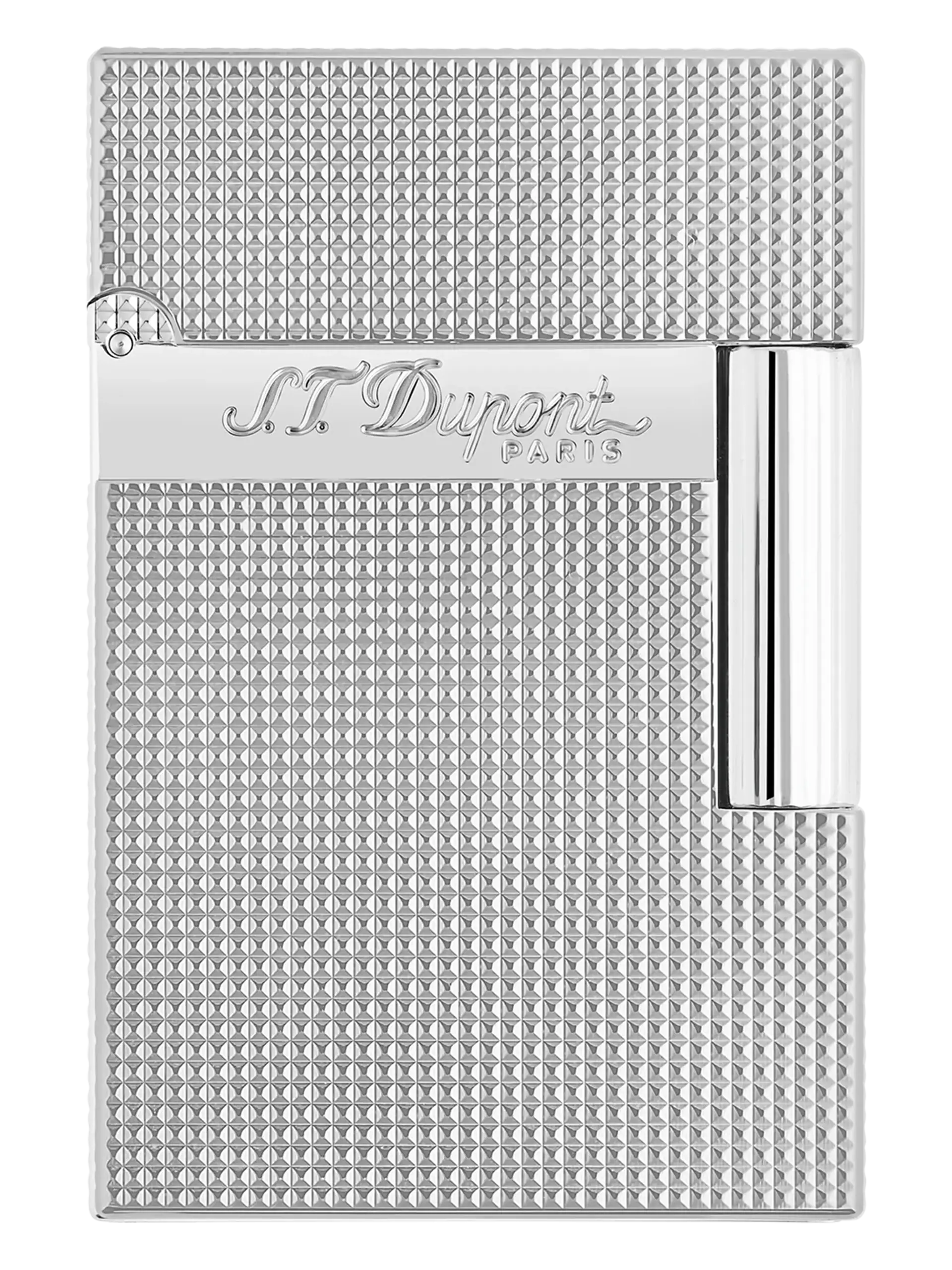 Vue de face du briquet S.T. Dupont Ligne 2 Small, finition pointe de microdiamant palladium argenté, un modèle raffiné et compact.