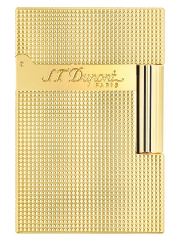 Vue de face du briquet S.T. Dupont Ligne 2 Small, finition pointe de microdiamant palladium et or jaune, un accessoire d’exception.