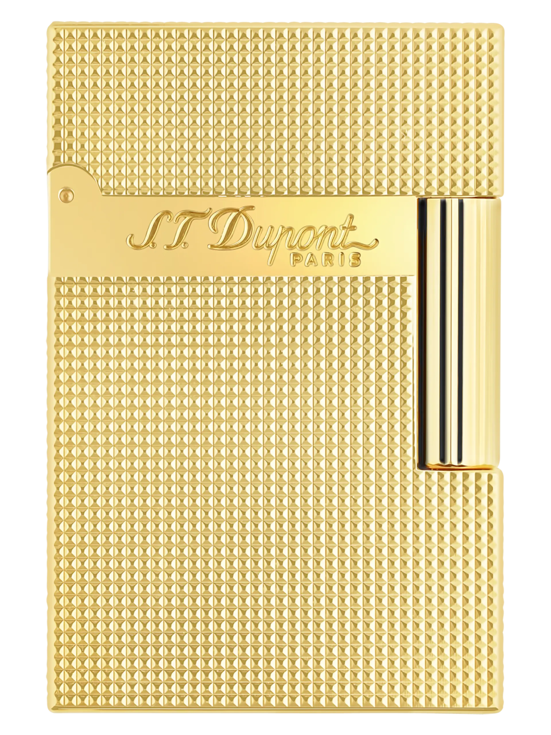 Vue de face du briquet S.T. Dupont Ligne 2 Small, finition pointe de microdiamant palladium et or jaune, un accessoire d’exception.