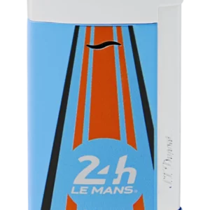 Vue de face du briquet S.T. Dupont Slim 7, édition 24 Heures du Mans, finition chrome bleu et orange, un modèle ultrafin et moderne.