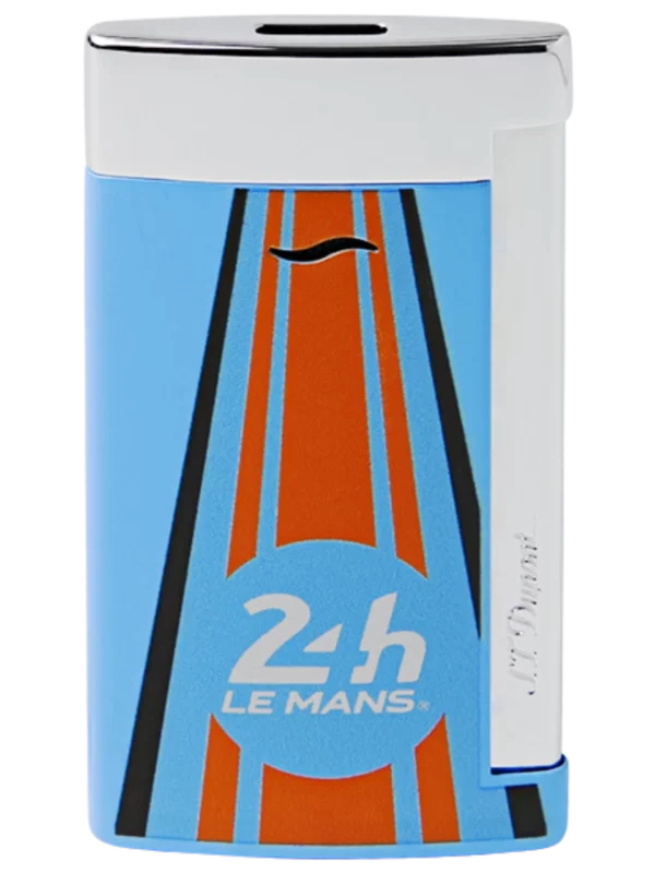 Vue de face du briquet S.T. Dupont Slim 7, édition 24 Heures du Mans, finition chrome bleu et orange, un modèle ultrafin et moderne.