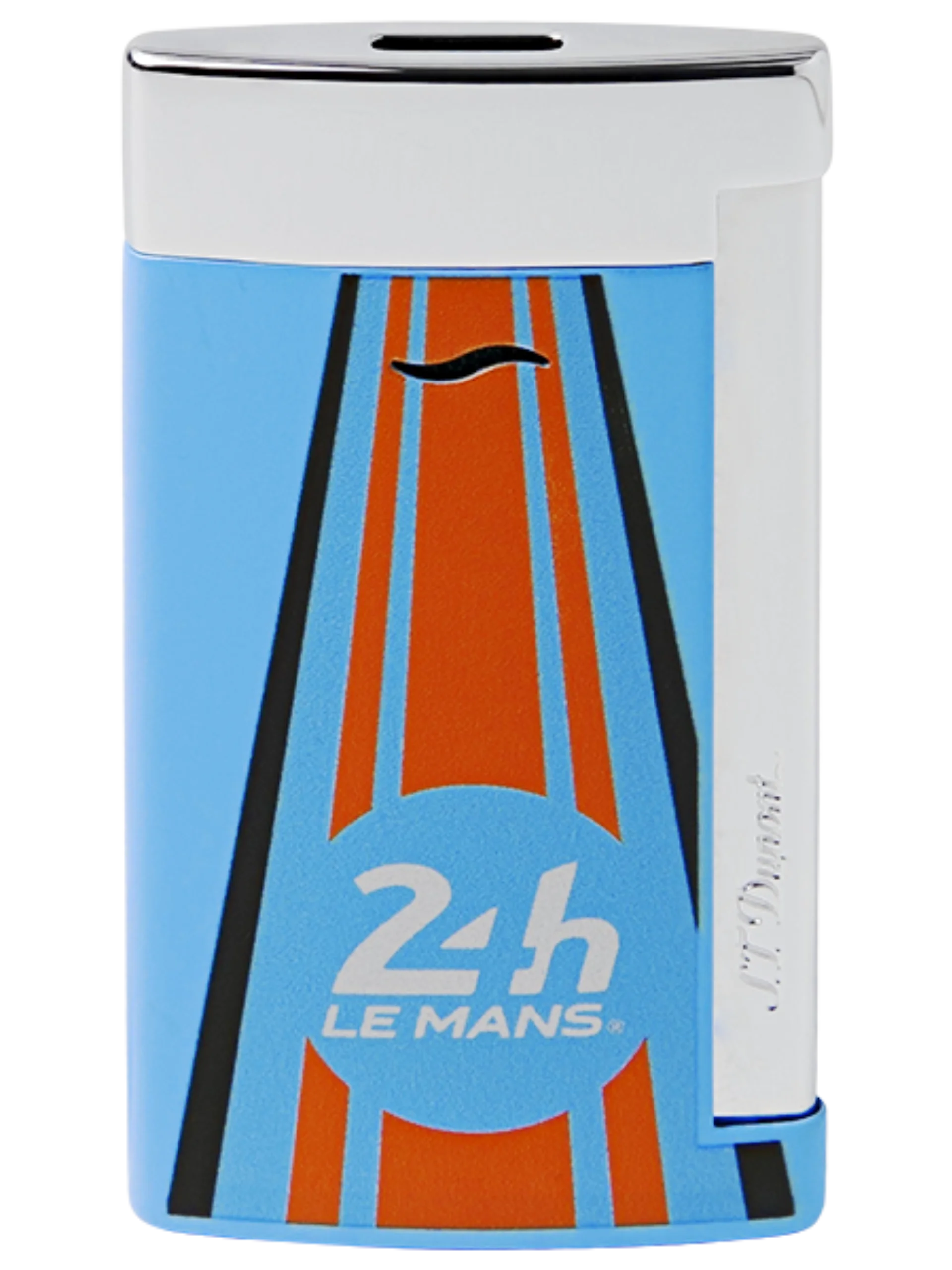 Vue de face du briquet S.T. Dupont Slim 7, édition 24 Heures du Mans, finition chrome bleu et orange, un modèle ultrafin et moderne.