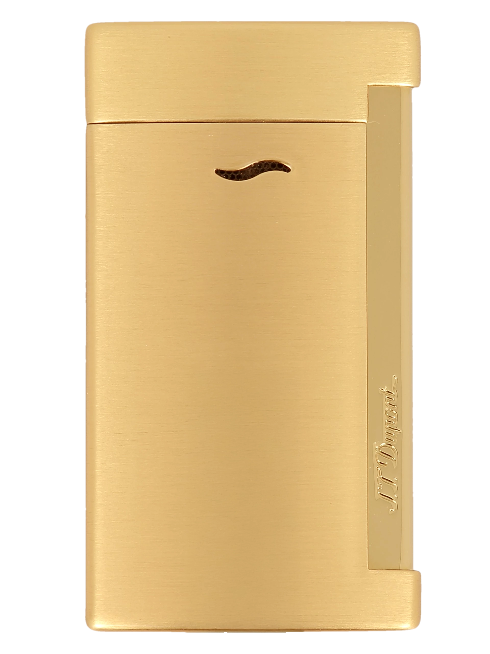 Vue de face du briquet S.T. Dupont Slim 7, finition doré brossé, un accessoire de luxe fin et élégant.