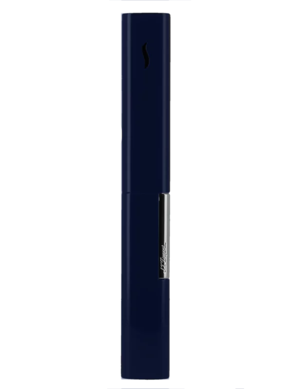 Vue de face du briquet S.T. Dupont The Wand, finition chrome et bleu, un accessoire moderne et performant.