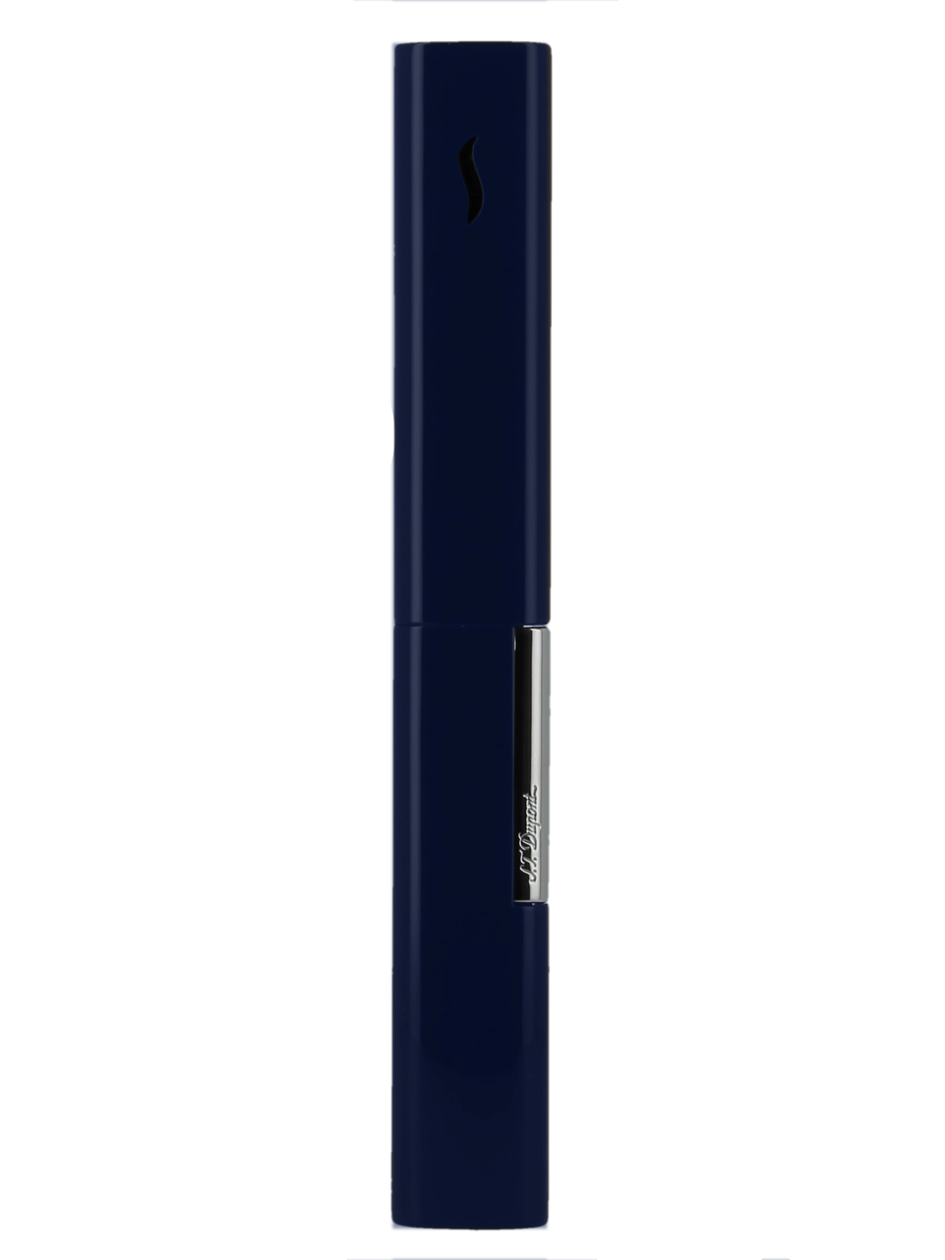 Vue de face du briquet S.T. Dupont The Wand, finition chrome et bleu, un accessoire moderne et performant.