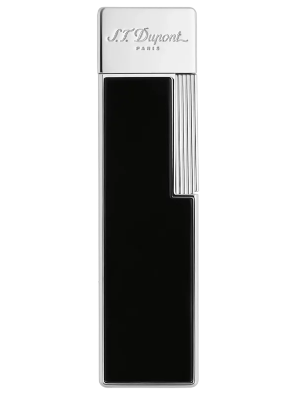 Vue de face du briquet S.T. Dupont Twiggy, finition laque noire, un modèle fin et sophistiqué.