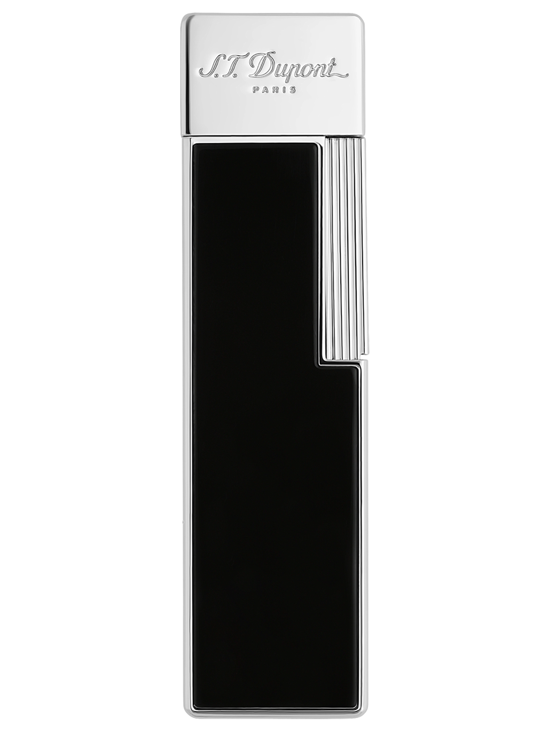 Vue de face du briquet S.T. Dupont Twiggy, finition laque noire, un modèle fin et sophistiqué.