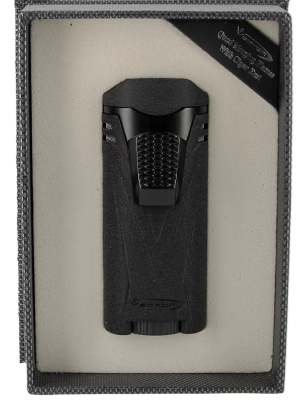 Briquet Vector Ironquad crackle noir mat en boîte - Accessoire robuste pour cigares.