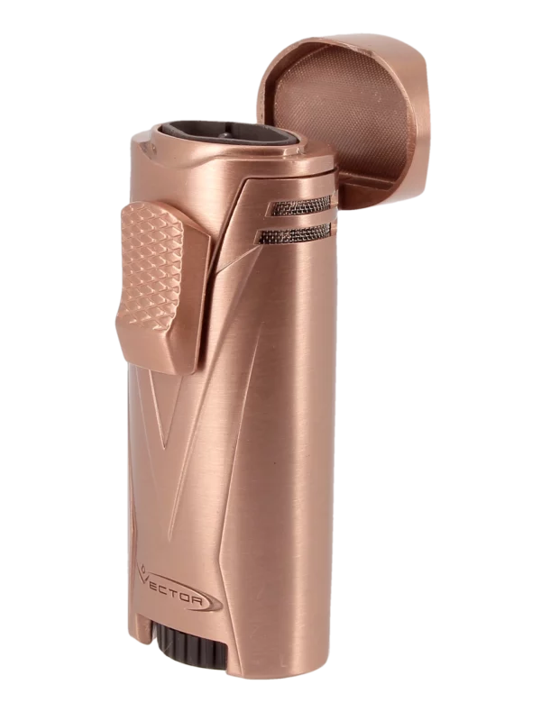 Briquet Vector Ironquad or rose satin, ouvert - Accessoire haut de gamme pour cigares.