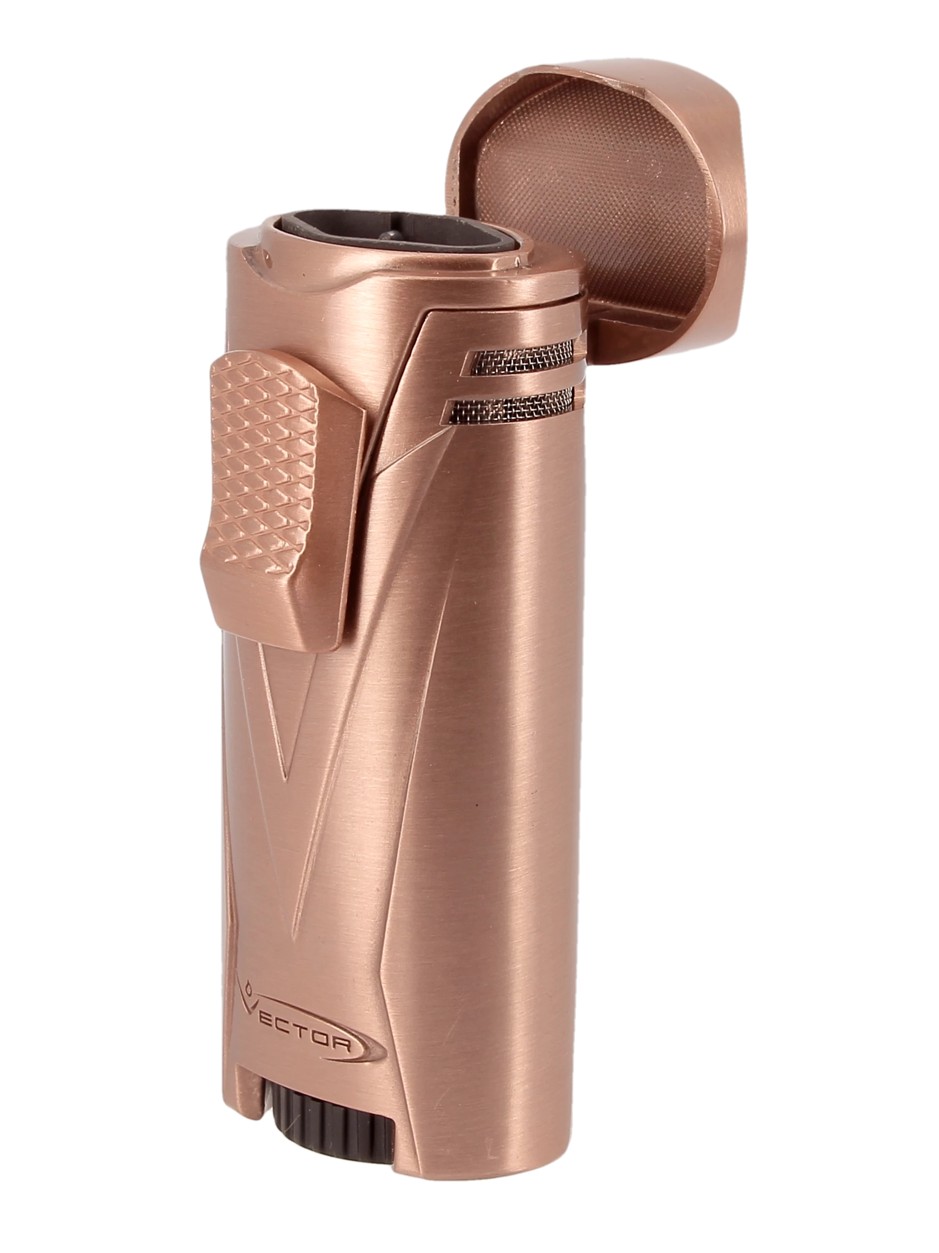 Briquet Vector Ironquad or rose satin, ouvert - Accessoire haut de gamme pour cigares.