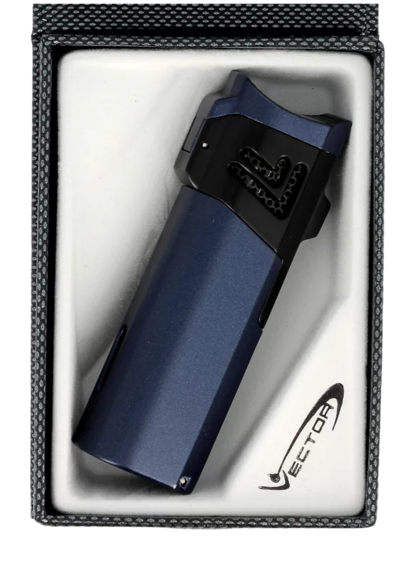 Briquet Vector Quattro bleu métallique en boîte - Accessoire élégant pour cigares.