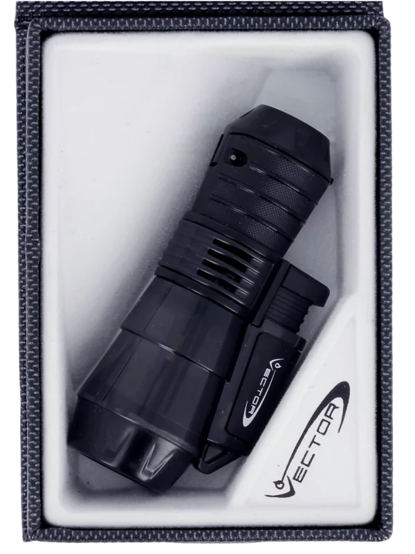 Briquet Vector Triforce noir transparent en boîte - Accessoire moderne pour cigares.