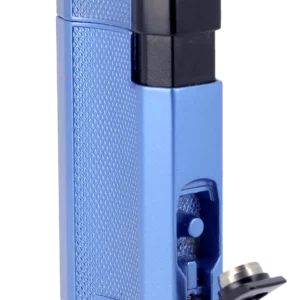 Briquet Vector Vmotion bleu métal, vue trois quarts - Accessoire haut de gamme.