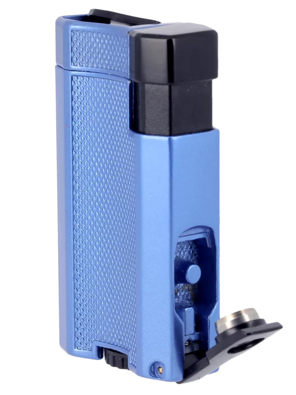 Briquet Vector Vmotion bleu métal, vue trois quarts - Accessoire haut de gamme.