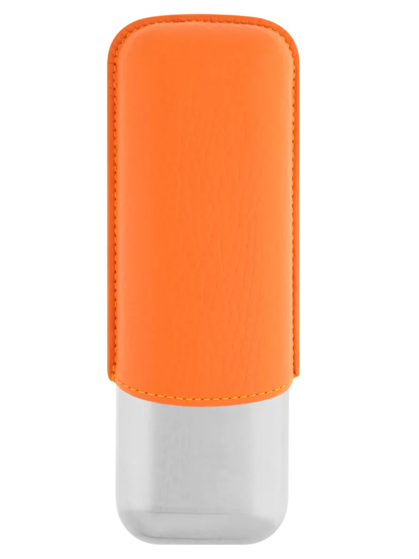 Vue arrière de l’étui à cigares S.T. Dupont double, en cuir grainé pleine fleur et métal chrome orange, un modèle vibrant et élégant.