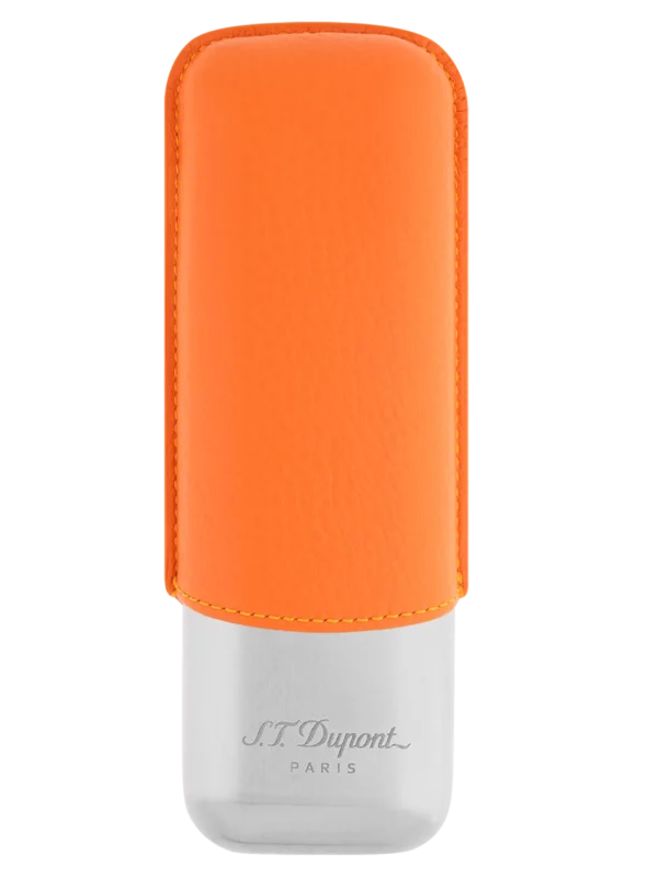 Vue de face de l’étui à cigares S.T. Dupont double, en cuir grainé pleine fleur et métal chrome orange, un accessoire vibrant et sophistiqué.