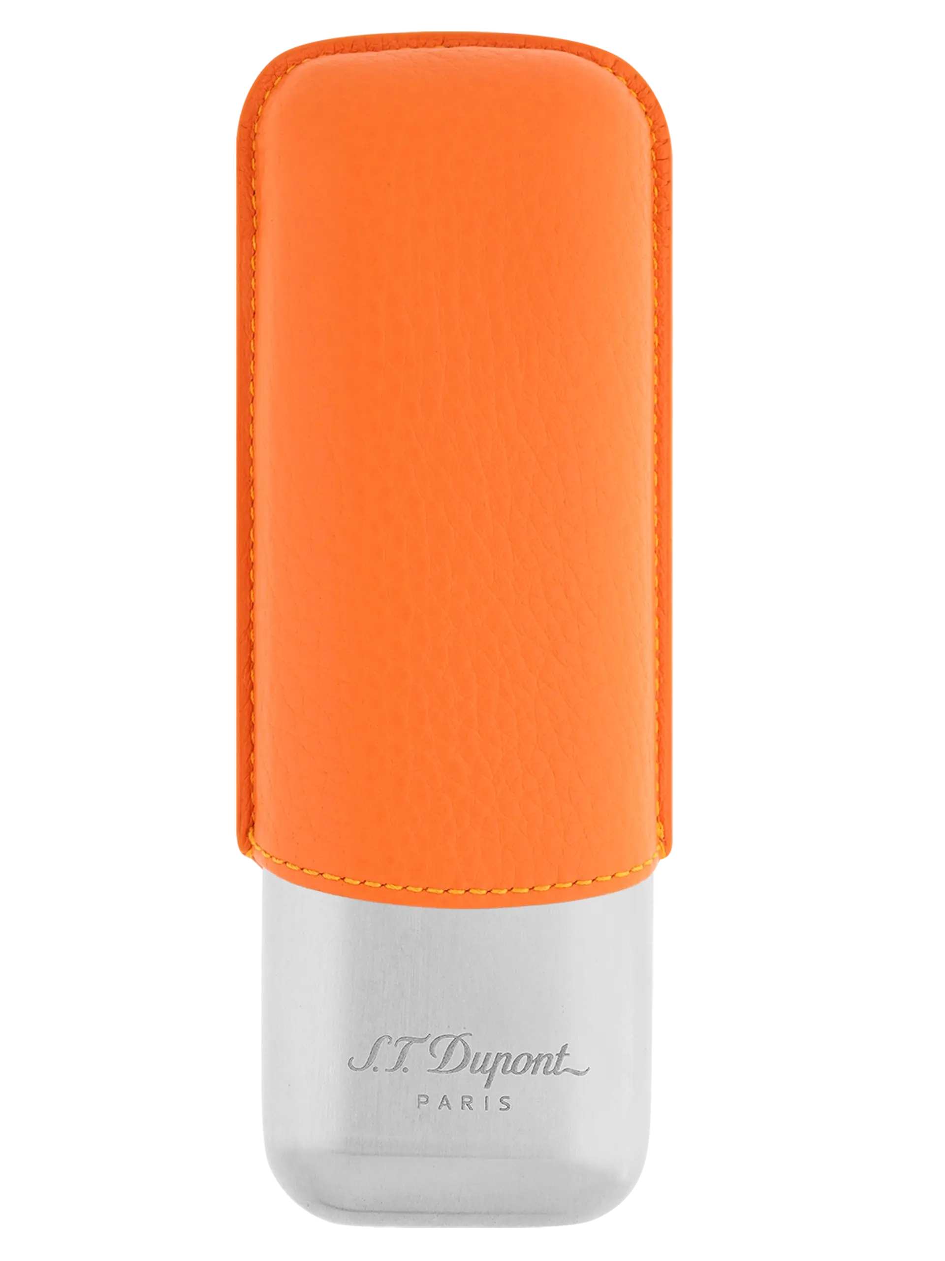 Vue de face de l’étui à cigares S.T. Dupont double, en cuir grainé pleine fleur et métal chrome orange, un accessoire vibrant et sophistiqué.