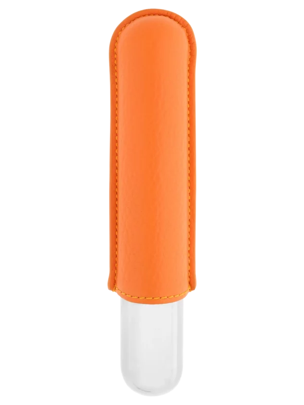 Vue arrière de l’étui à cigares S.T. Dupont simple, en cuir grainé pleine fleur et métal chrome orange, un modèle vibrant et élégant.