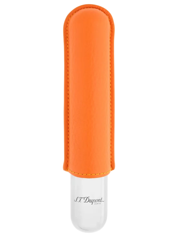 Vue de face de l’étui à cigares S.T. Dupont simple, en cuir grainé pleine fleur et métal chrome orange, un modèle moderne et sophistiqué.